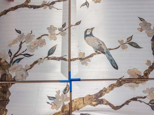 blue song bird on floral cherry blossom tree verre eglomise